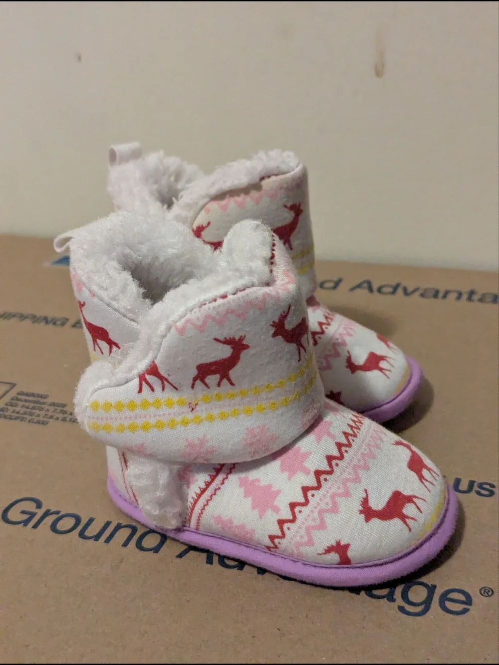 Baby Pink Reindeer Winter Fleece Booties Soft Sole Slippers Estimated Size 0-6M